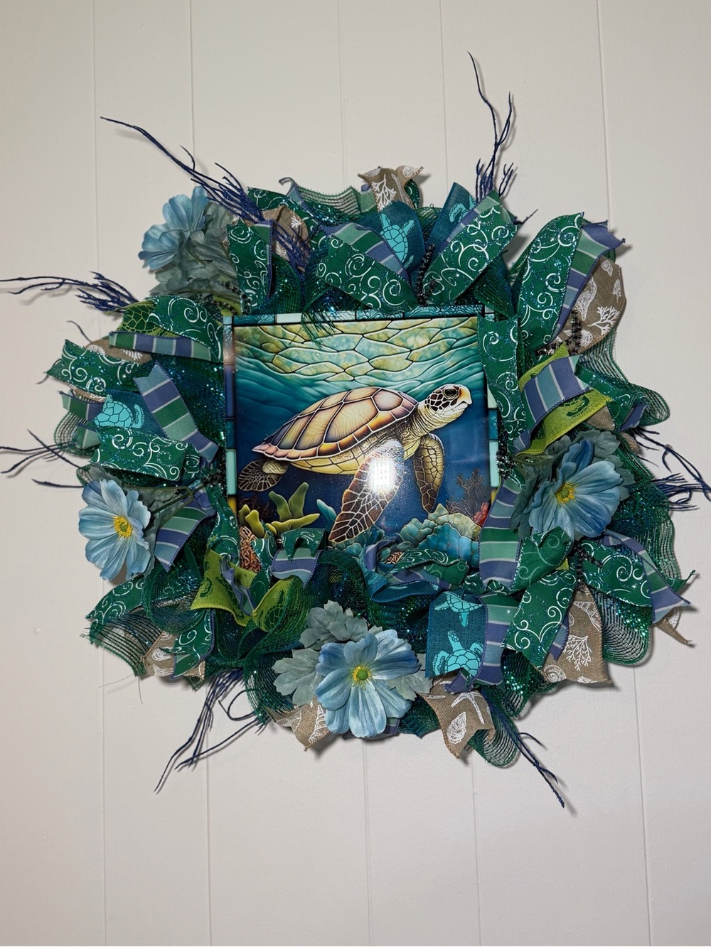 Handmade Sea Turtle Door Wreath in Teal and Blue - Brand